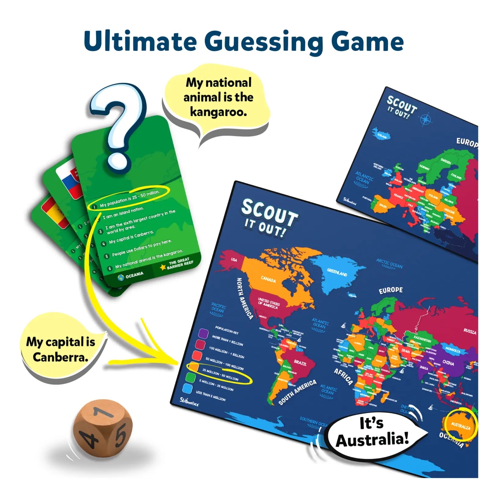Geography guessing game components: Cards giving clues for Australia (kangaroo, Canberra) are solved using a colorful world map