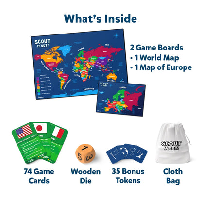 Display of Scout It Out! game contents: map boards, 74 game cards, wooden die, 35 bonus tokens, and cloth bag