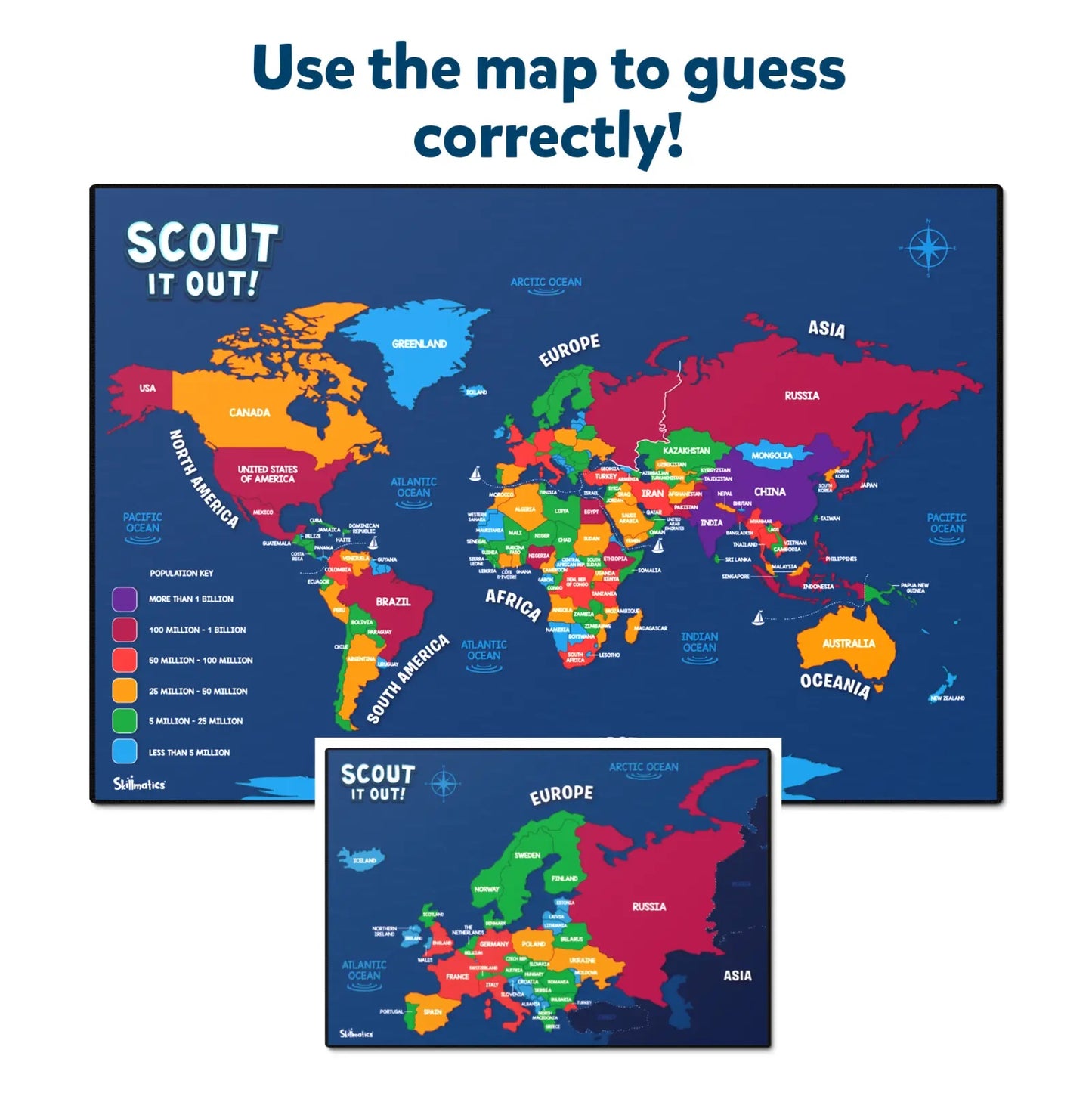Colorful world map of countries and continents, color-coded by population density, with a game instruction header
