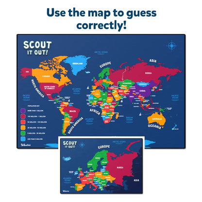 Colorful world map of countries and continents, color-coded by population density, with a game instruction header