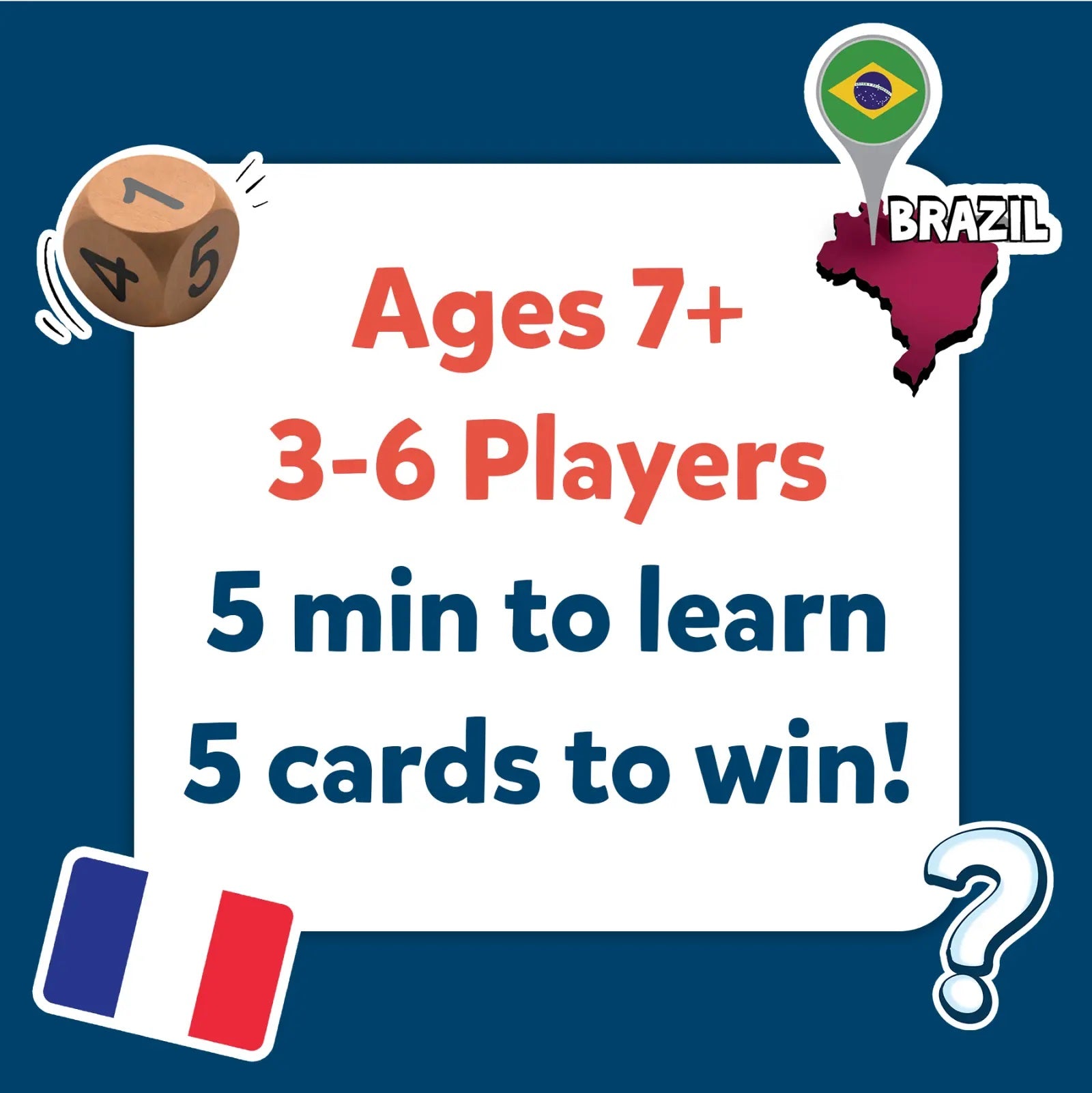 Game stats graphic: Ages 7+, 3-6 Players, 5 min to learn, 5 cards to win, with dice and country flags