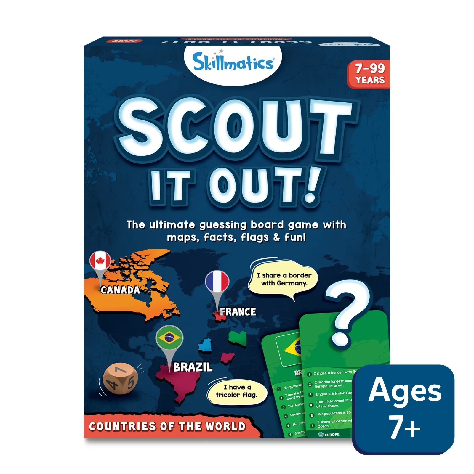 Skillmatics "Scout It Out!" board game box, showing world map, flags, fact clues, and cards