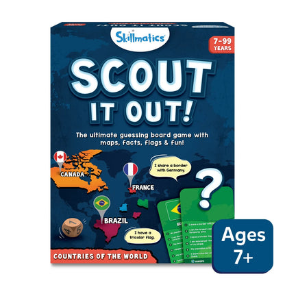 Skillmatics "Scout It Out!" board game box, showing world map, flags, fact clues, and cards