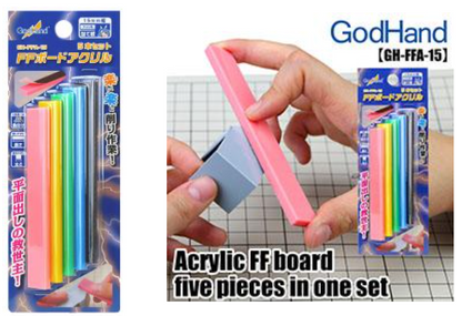 GodHand Acrylic FF Board five-piece set featuring pink yellow green light blue and black sanding boards shown in packaging and being used for precise model shaping