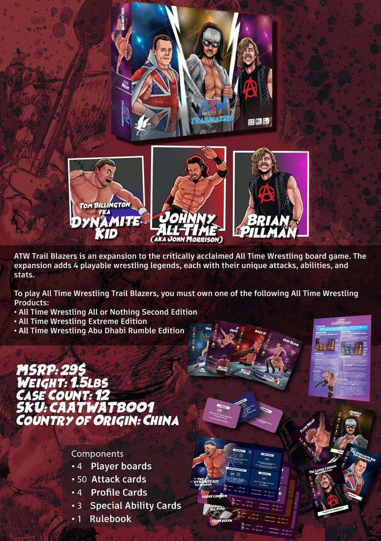 Illustrated box art for ATW Trail Blazers wrestling board game expansion featuring wrestling legends and game components