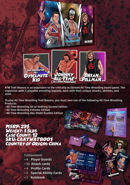 Illustrated box art for ATW Trail Blazers wrestling board game expansion featuring wrestling legends and game components