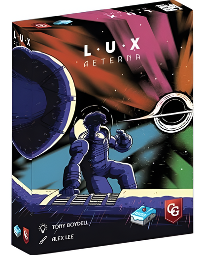 Cover art for Lux Aeterna board game, astronaut at console, facing a black hole with colorful light streaks