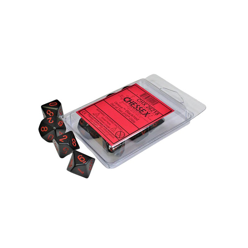 Black Chessex d10 dice with red numbers, some in a clear plastic package, some loose