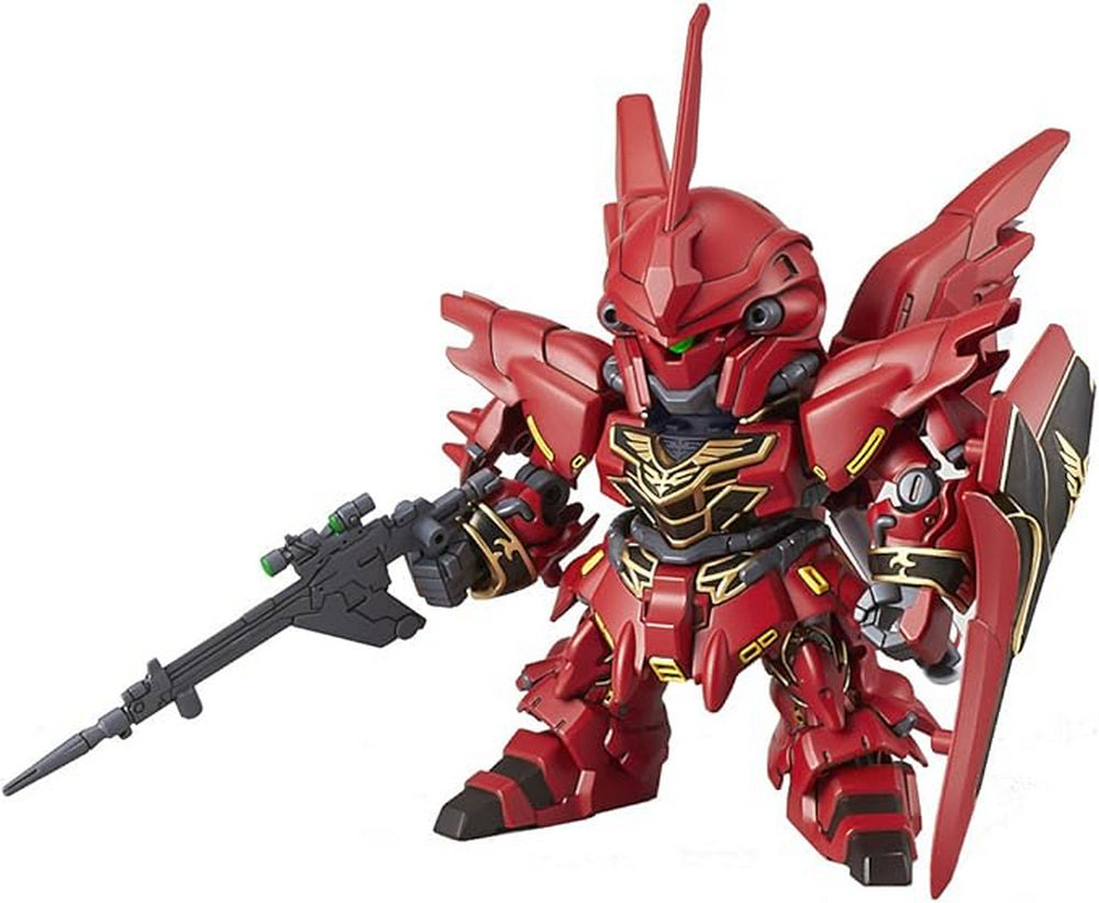 SD red and gold Gundam Sinanju model holding a rifle and shield