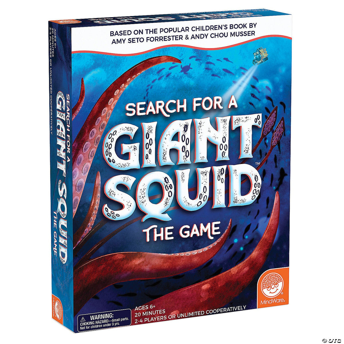 The &quot;Search for a Giant Squid The Game&quot; box, showing red tentacles, fish, and a yellow submarine in a blue ocean