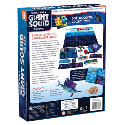 Search for a Giant Squid board game box, featuring a yellow submersible, manta ray, and other marine life for an underwater quest