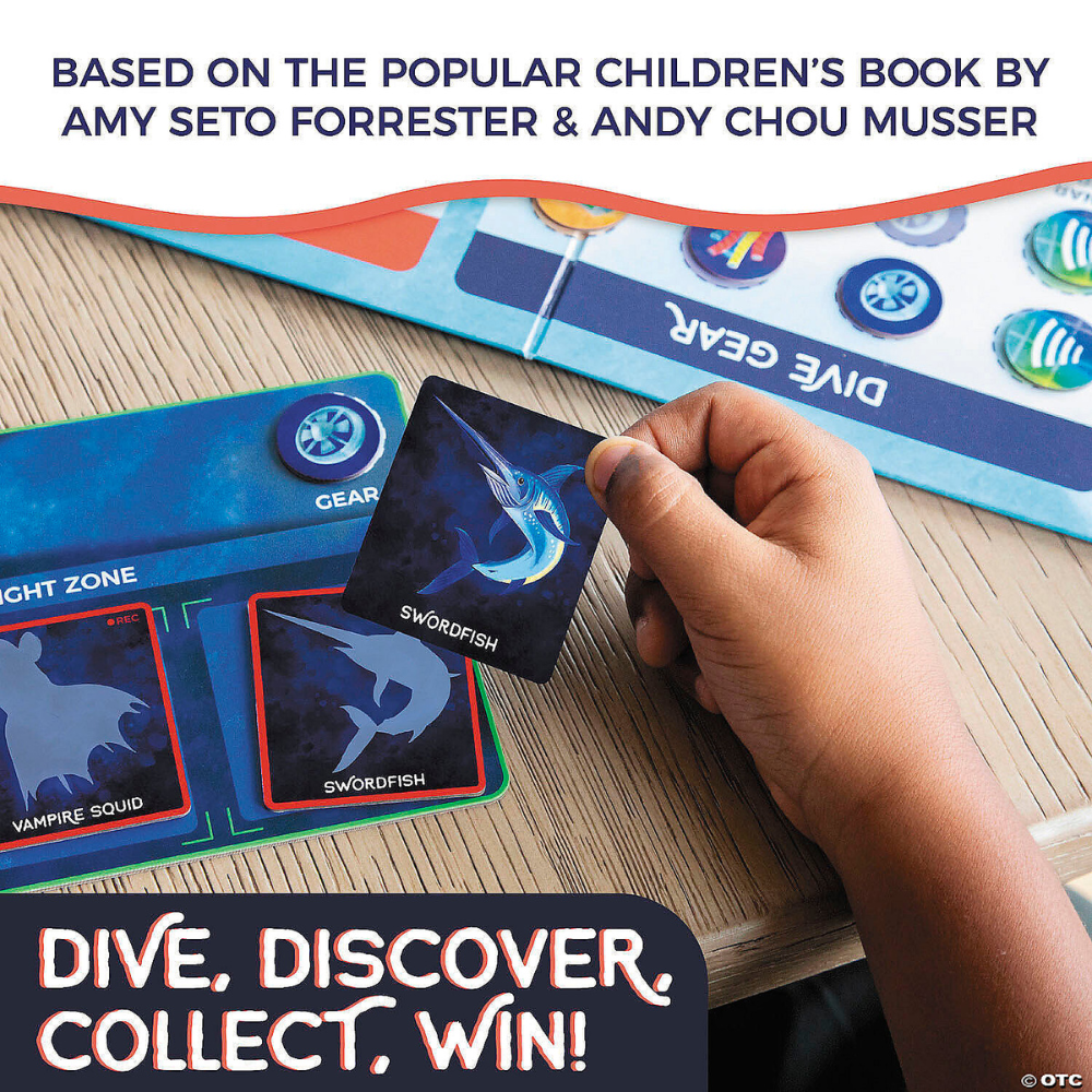 Hand holding a swordfish game card over a board game showing creature silhouettes