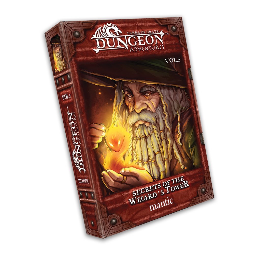 A "Dungeon Adventures Vol 2: Secrets of the Wizard's Tower" box, featuring an old wizard holding a glowing orb