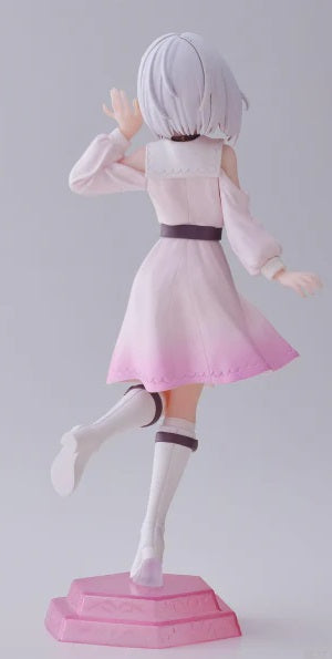 Side view showing skirt details and seated posture