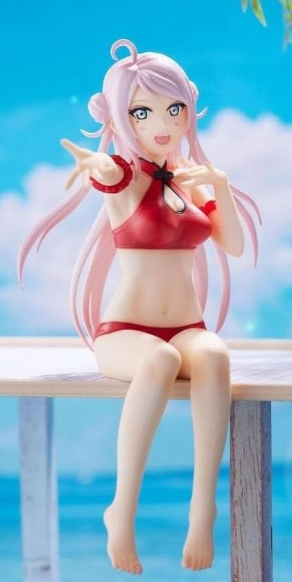 Rear angle of Lanzhu showing long hair strands and pleated skirt in seated pose