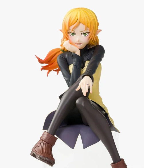 Elf figure sitting with legs crossed, holding staff with gentle smile