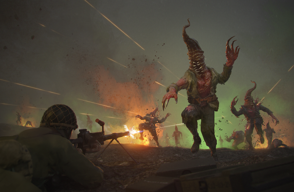 A soldier in a helmet fires a machine gun at grotesque, clawed monsters with pointed, fleshy heads on a fiery, smoky battlefield.