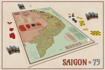 Overhead view of the "Saigon  75" war board game, showing a Vietnam map, colorful tokens, cards, and dice