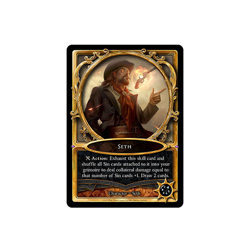 Character card of Seth, a cowboy, pointing as a glowing, floating pistol hovers near his head