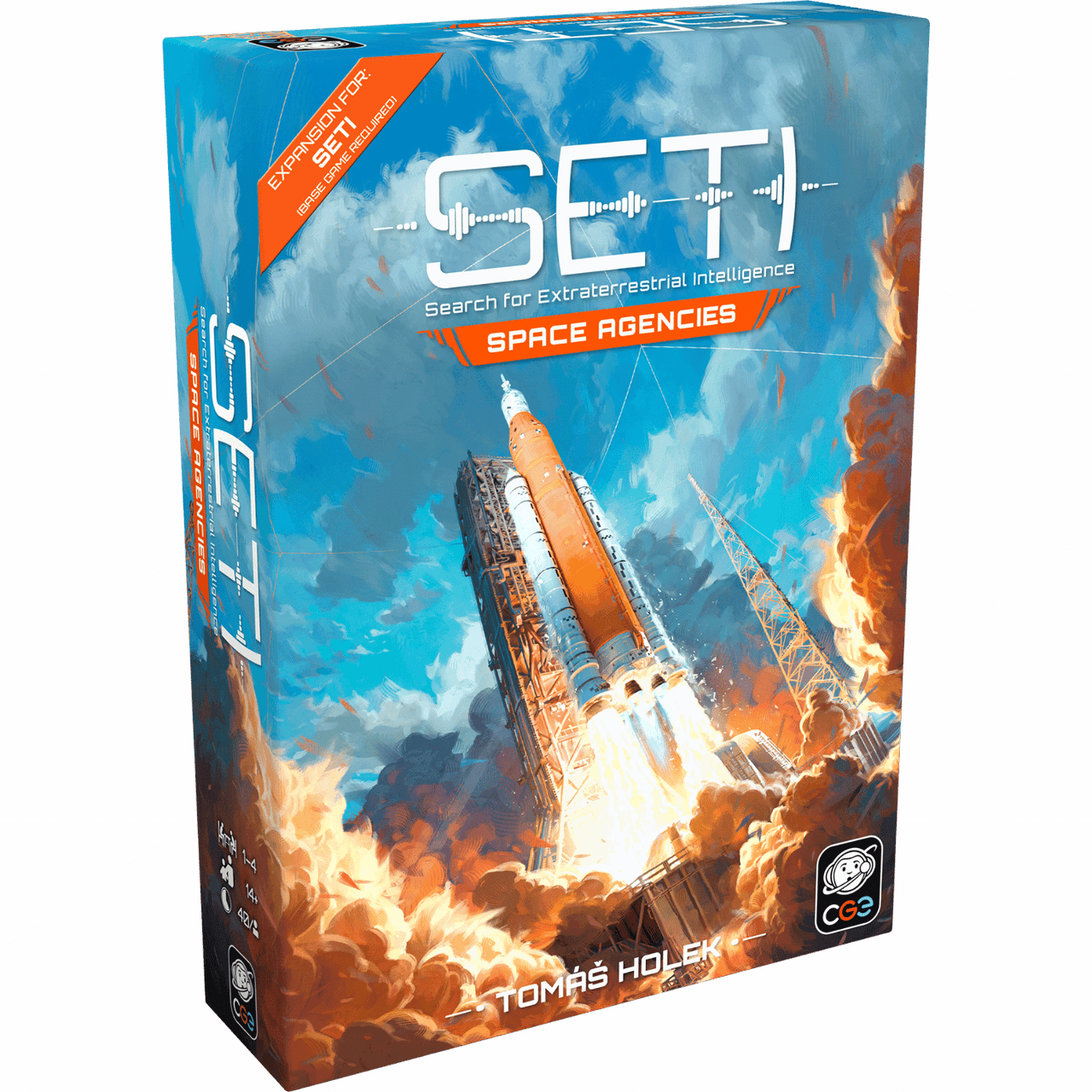 SETI: Space Agencies expansion board game box, showing an orange rocket launching with fire and smoke