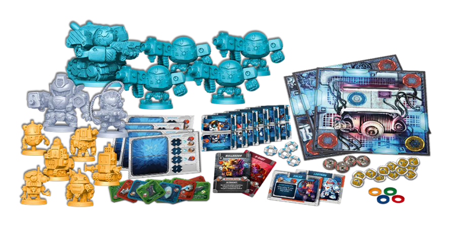 Board game contents: numerous robot miniatures, character figures, mechanical game boards, cards and tokens