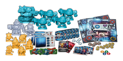 Board game contents: numerous robot miniatures, character figures, mechanical game boards, cards and tokens