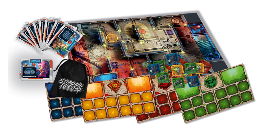 Game setup with miniatures, cards, and modular board components