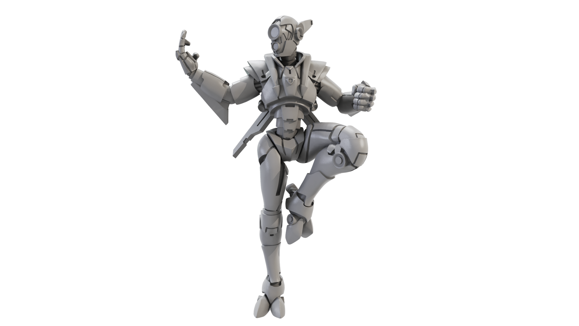 3D render of Shadow, a sci-fi humanoid fighter in a sleek, armored pose