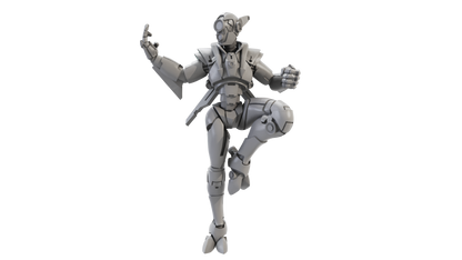 3D render of Shadow, a sci-fi humanoid fighter in a sleek, armored pose