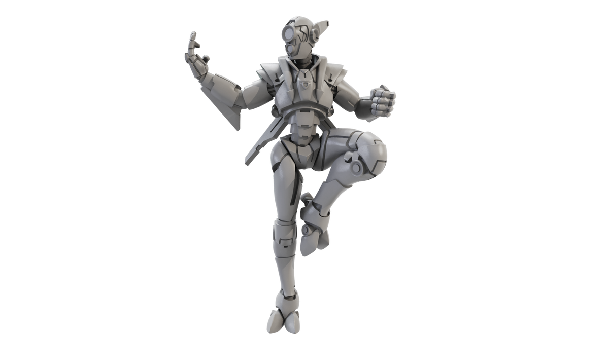 3D render of Shadow, a sci-fi humanoid fighter in a sleek, armored pose