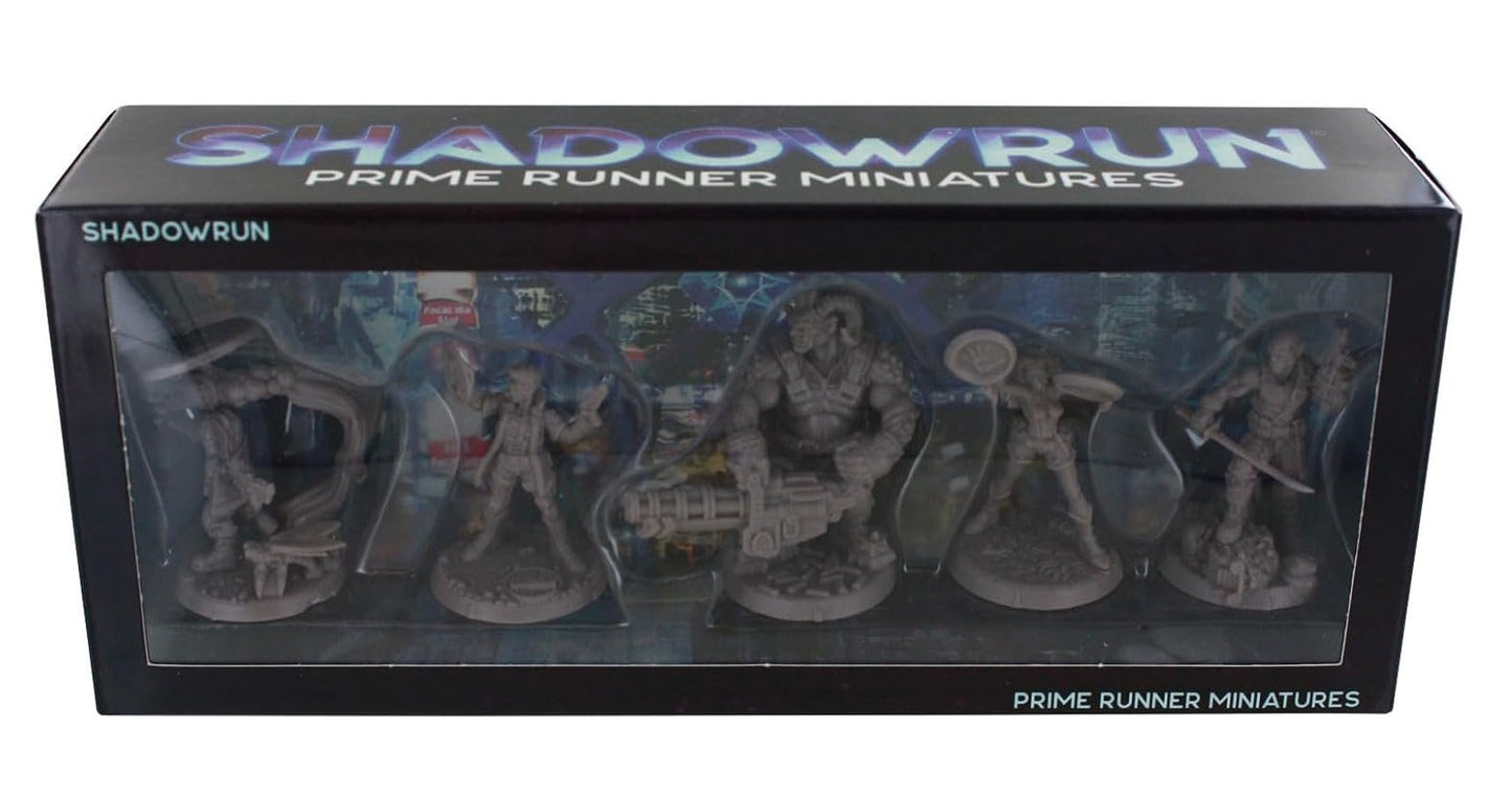 A black box with "Shadowrun Prime Runner Miniatures" text, displaying five unpainted gray fantasy/sci-fi figures through a clear window.
