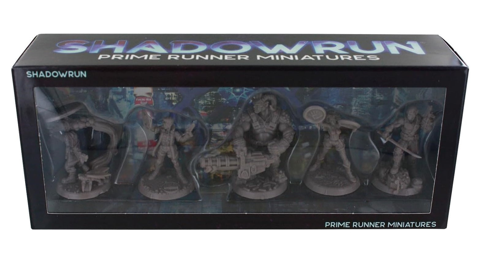 A black box with "Shadowrun Prime Runner Miniatures" text, displaying five unpainted gray fantasy/sci-fi figures through a clear window.