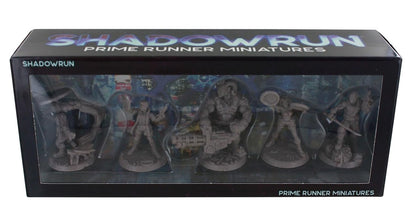 A black box with "Shadowrun Prime Runner Miniatures" text, displaying five unpainted gray fantasy/sci-fi figures through a clear window.
