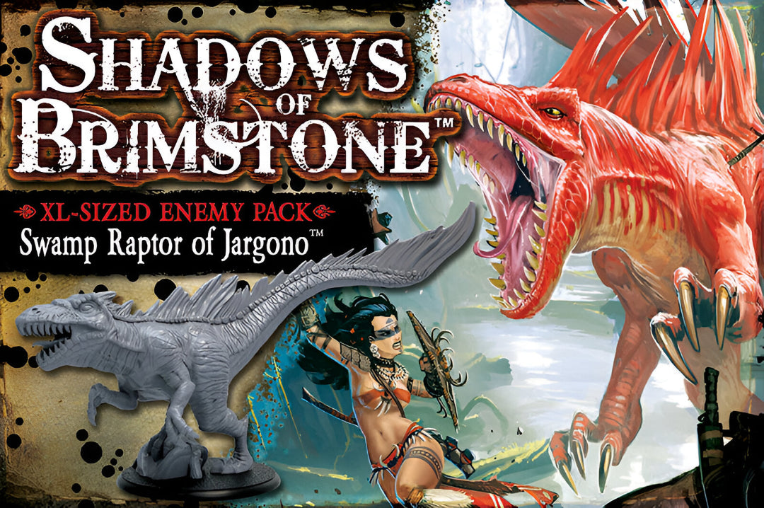 Shadows of Brimstone XL Swamp Raptor Pack: Grey miniature, roaring red raptor illustration, and warrior