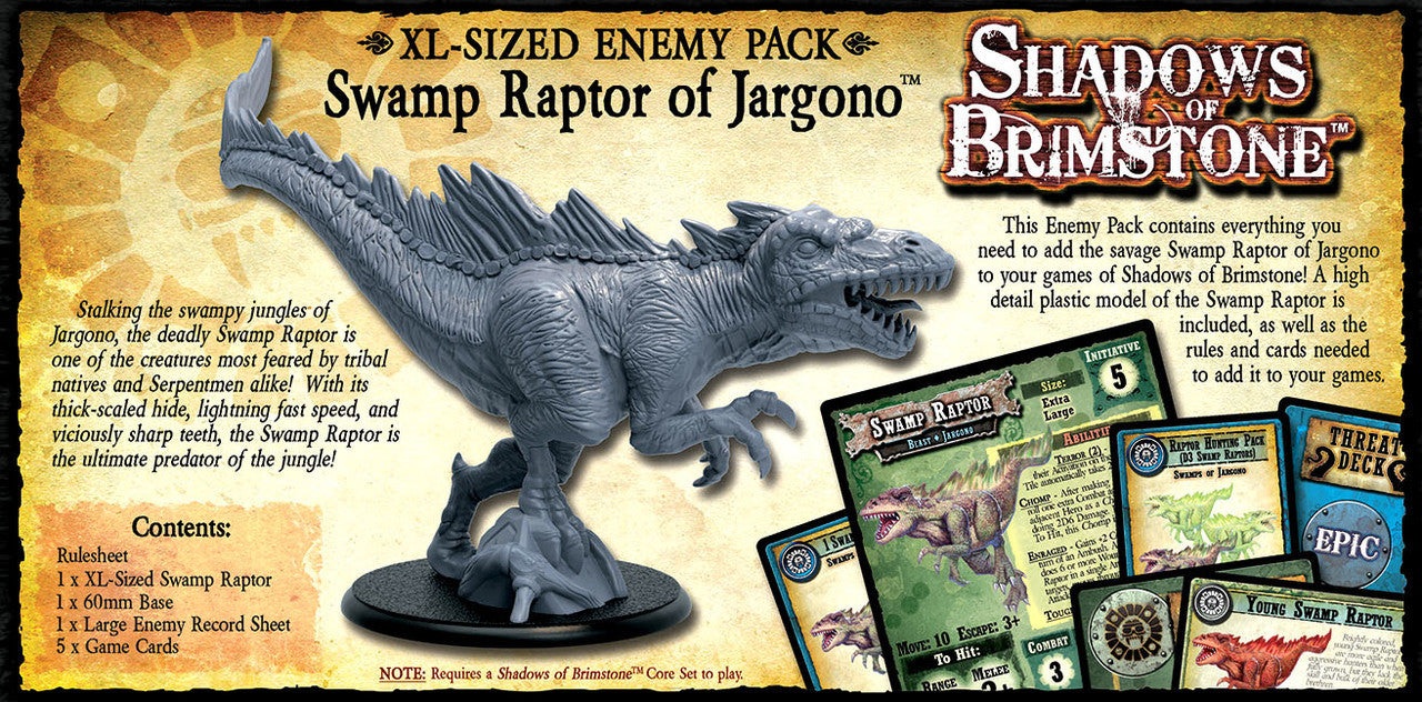 XL-sized gray plastic miniature of a spined, dinosaur-like Swamp Raptor with open mouth, alongside game cards for Shadows of Brimstone
