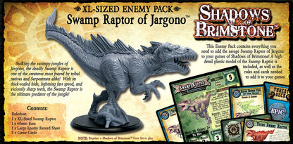 XL-sized gray plastic miniature of a spined, dinosaur-like Swamp Raptor with open mouth, alongside game cards for Shadows of Brimstone