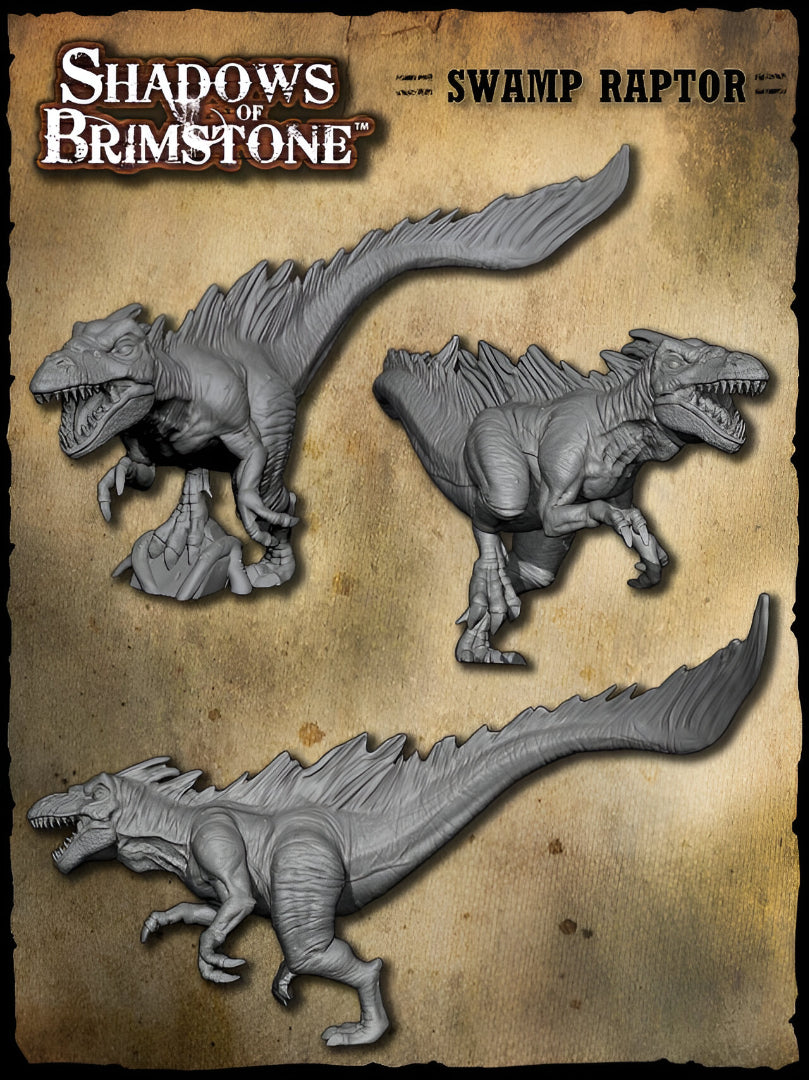 Three grey unpainted Shadows of Brimstone Swamp Raptor miniatures in dynamic poses, featuring sharp teeth, claws, and dorsal fins