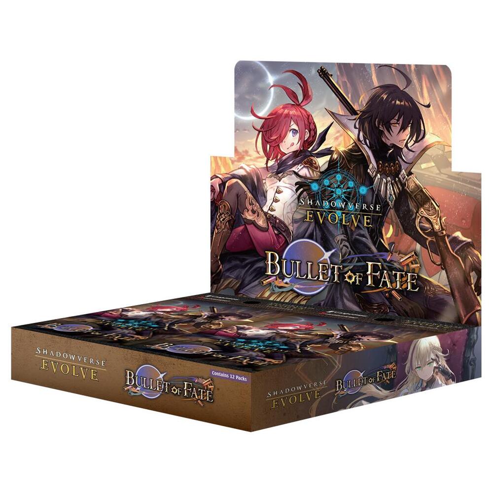 Shadowverse Evolve: Bullet of Fate display box featuring anime characters, red-haired woman and dark-haired man on cover