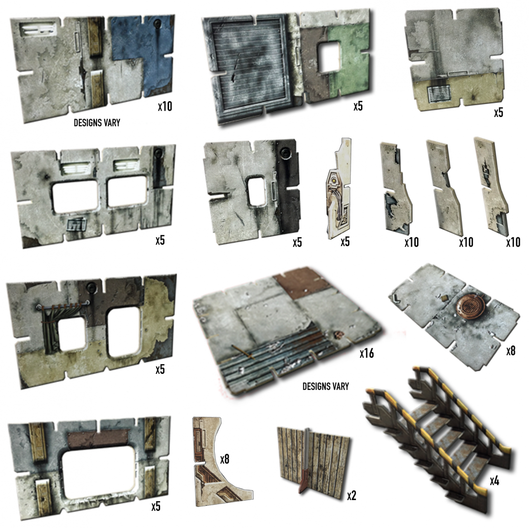 Modular, weathered sci-fi terrain set featuring walls, floors, and stairs for tabletop gaming.