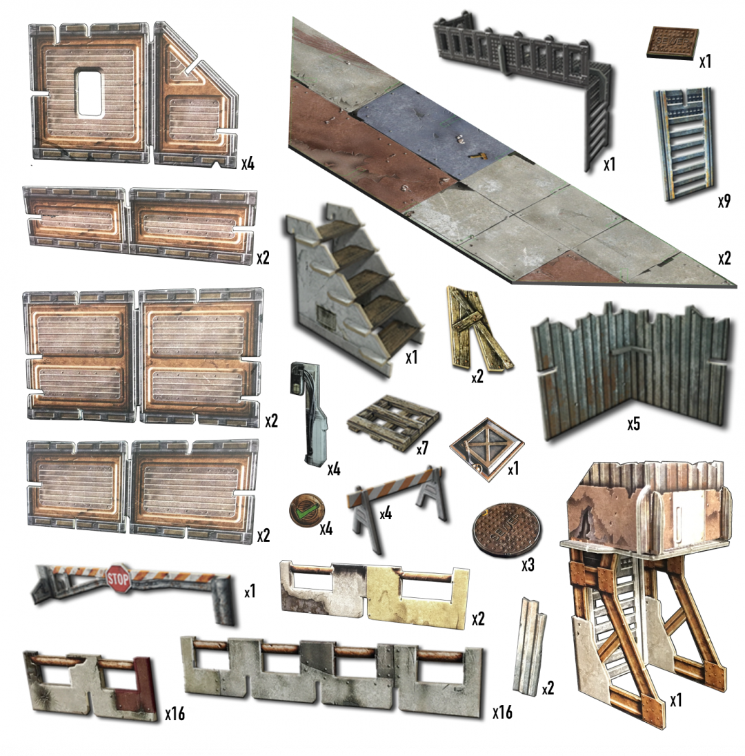 A kit of pre-cut, modular, weathered terrain for tabletop games: walls, a lookout tower, stairs, and props.