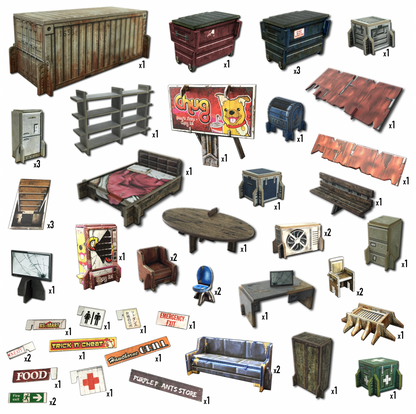 Various miniature 3D models: a shipping container, furniture, dumpsters, and street signs.