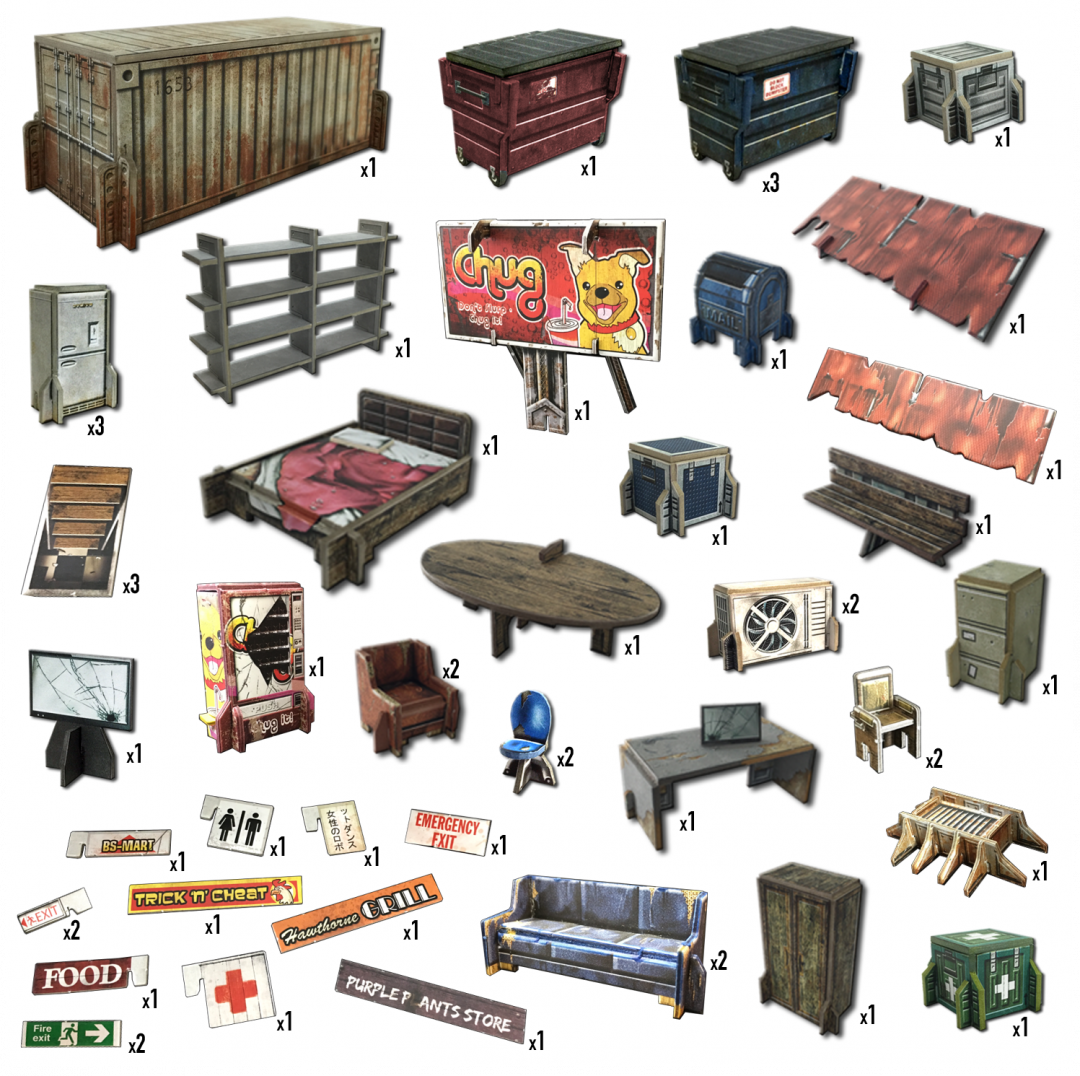 Various miniature 3D models: a shipping container, furniture, dumpsters, and street signs.