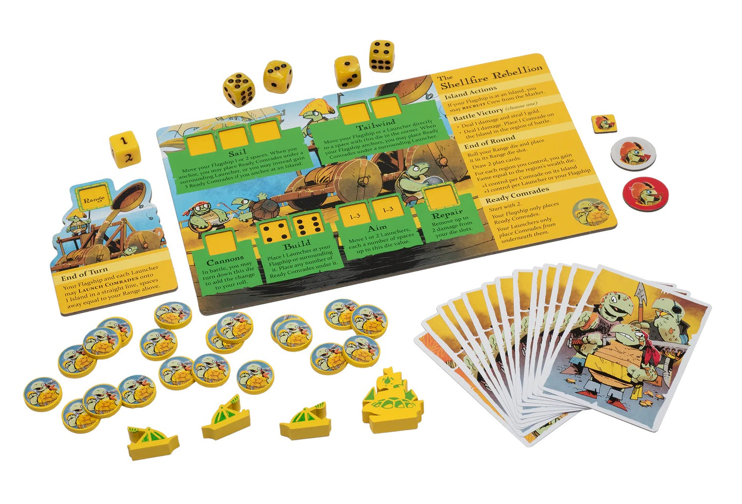 Ahoy: Rivals & Renegades Expansion board game components for The Shellfire Rebellion: character cards, turtle tokens, yellow dice, and a printed player mat