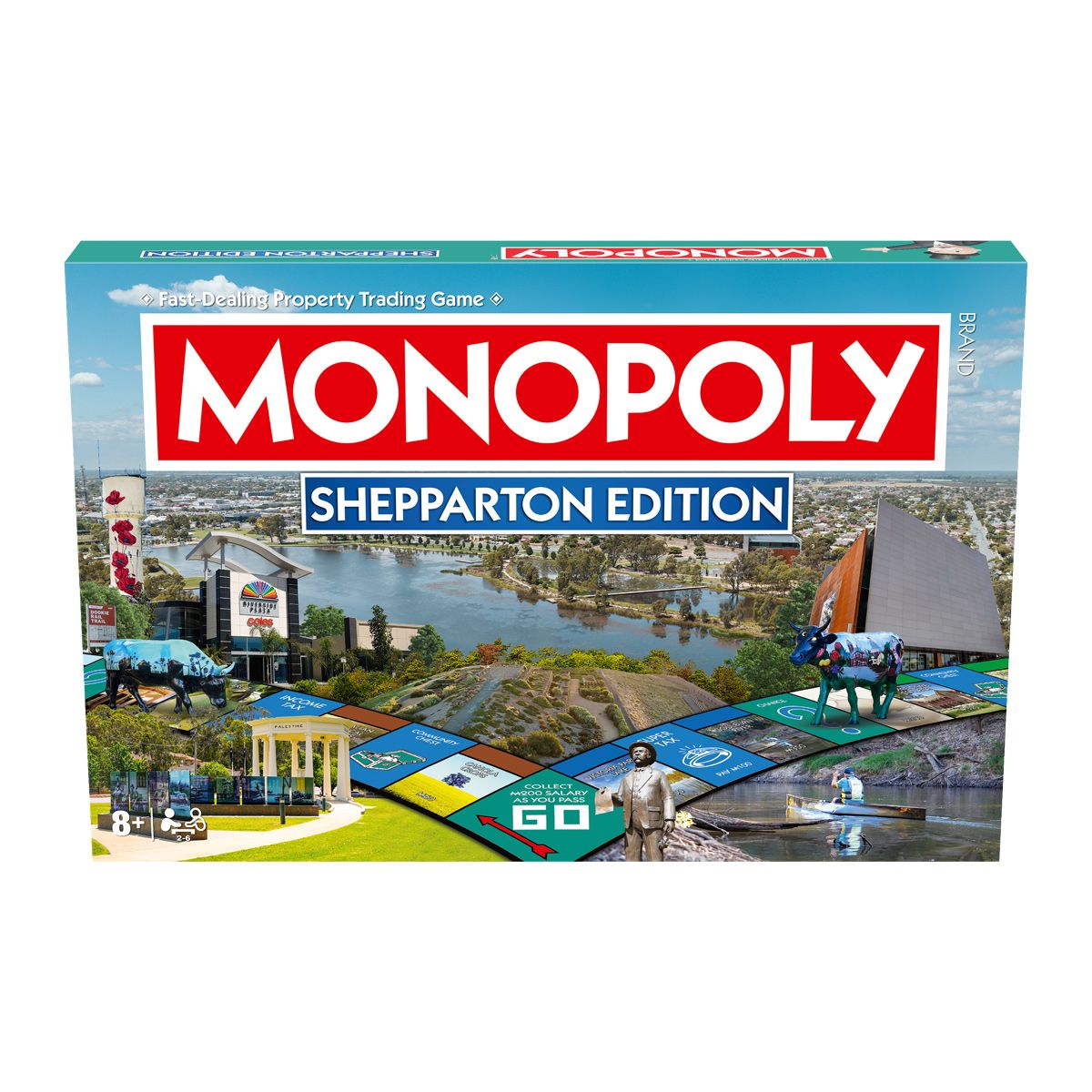 Monopoly Shepparton Edition game box, featuring a cityscape with a river, overlaid with game board properties