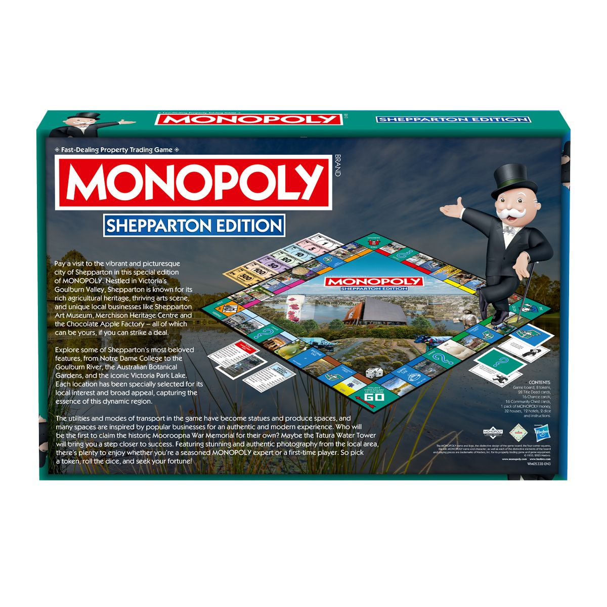 Monopoly Shepparton Edition game box. Mr. Monopoly points to a board featuring local scenes
