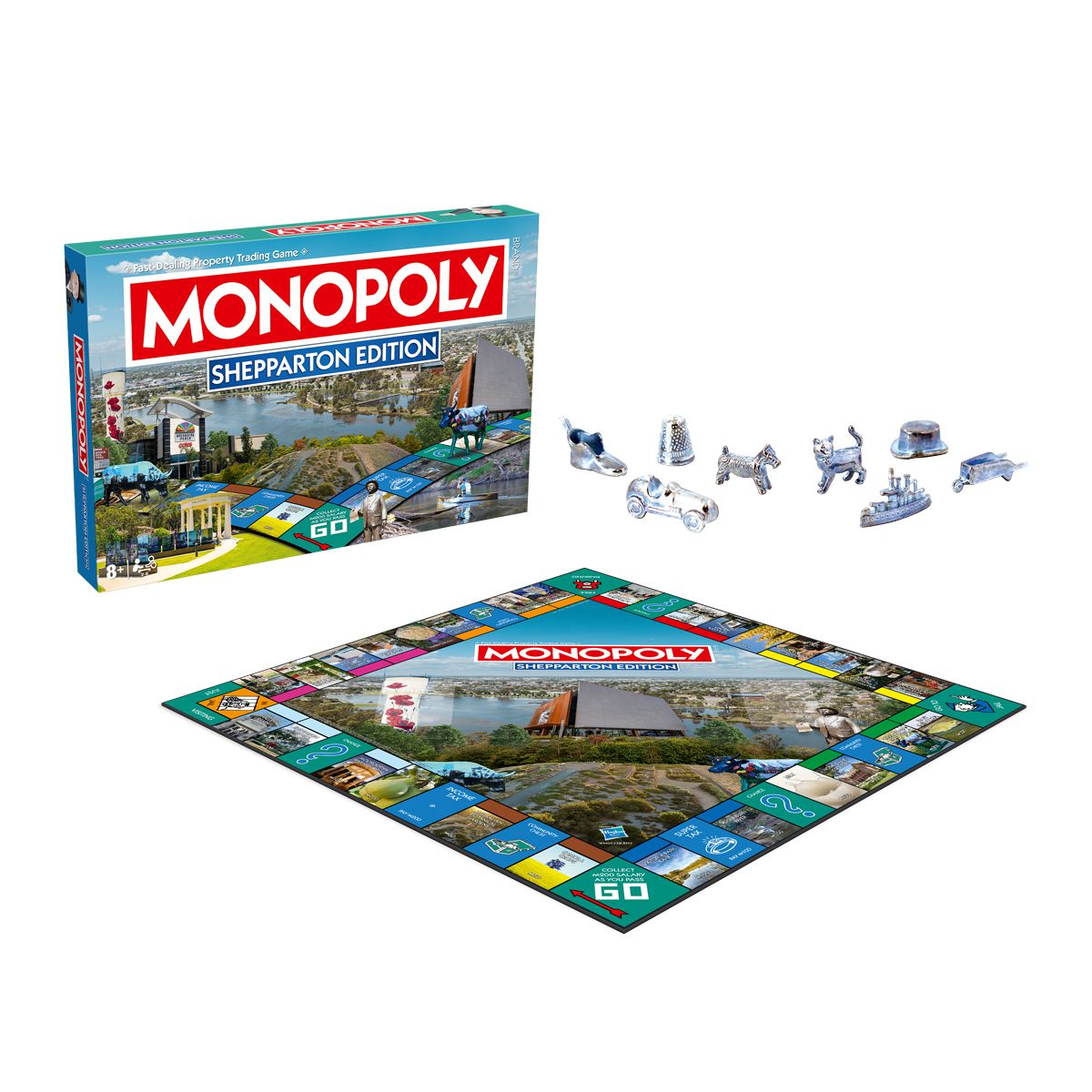 Monopoly Shepparton Edition box, game board, and metallic tokens like a car, cat, and battleship laid out