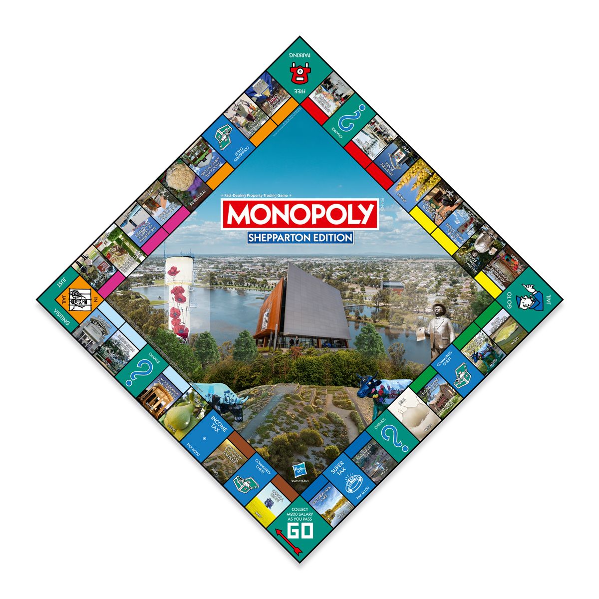 A diamond-shaped Monopoly Shepparton Edition board, featuring a central aerial view of Shepparton landmarks