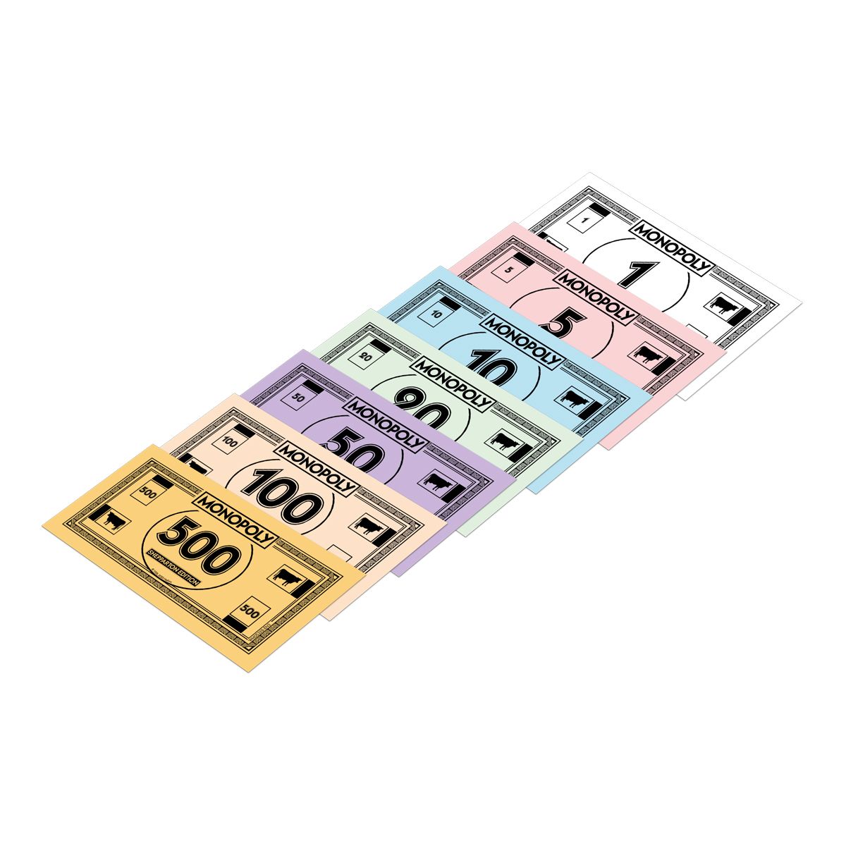 Fanned colorful Monopoly game money bills: 1, 5, 10, 50, 100, 500 denominations