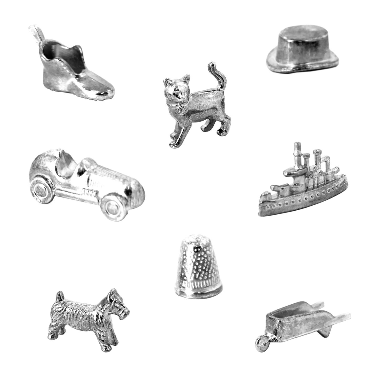 Eight silver Monopoly game tokens: shoe, cat, top hat, race car, battleship, Scottie dog, thimble, wheelbarrow