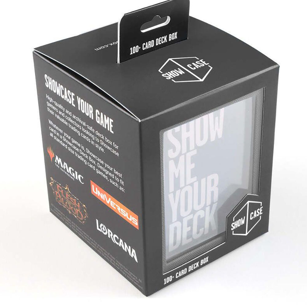 Black "Showcase Your Game" 100+ card deck box with a clear front window, featuring "Show Me Your Deck" text and logos for Magic: The Gathering, Flesh and Blood, Universus, Lorcana